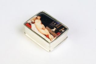 Silver pill box with pictorial enamel image