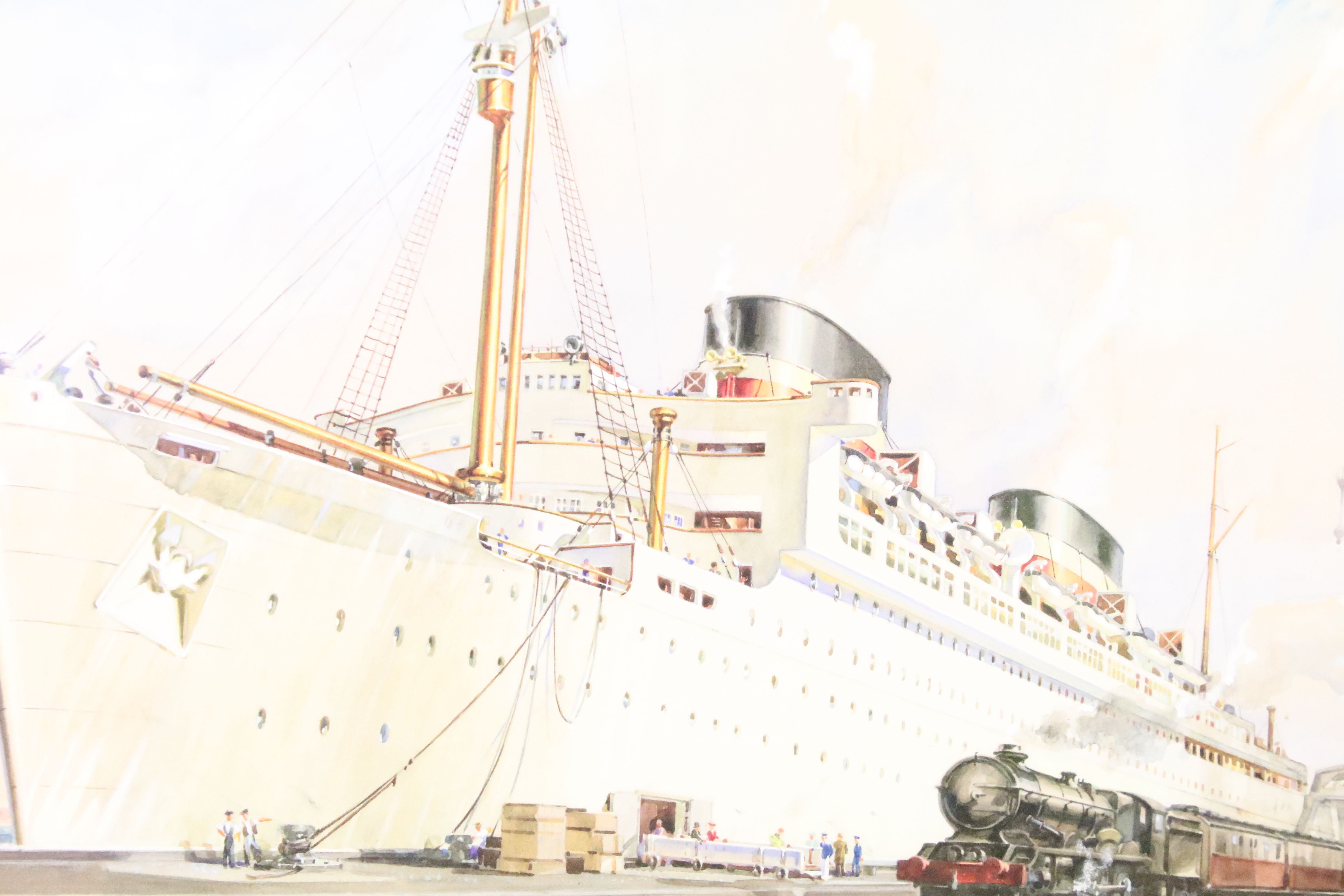 Study of an ocean liner with train in the foreground, watercolour heightened with white, 30 x 46.5cm - Image 2 of 4