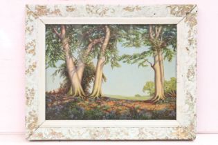 English School, Beeches and Breeses, oil on board, titled verso, indistinctly signed, dated 1953,