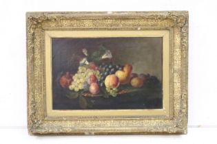 English School, still life fruit and flowers, oil on canvas, 29 x 44cm, gilt framed