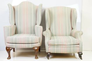 Two similar wingback armchairs, one with cabriole legs with brass casters, each upholstered in a