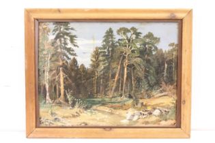 Russian School, 20th century, oil on canvas, a woodland landscape having label with Russian text