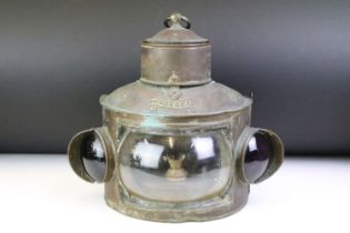 Masthead ships lantern having a copper case with convex glass windows, labelled starboard and port