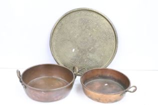 Large copper shallow pan, with two brass handles, 12cm high (excluding handles), 41cm diameter (