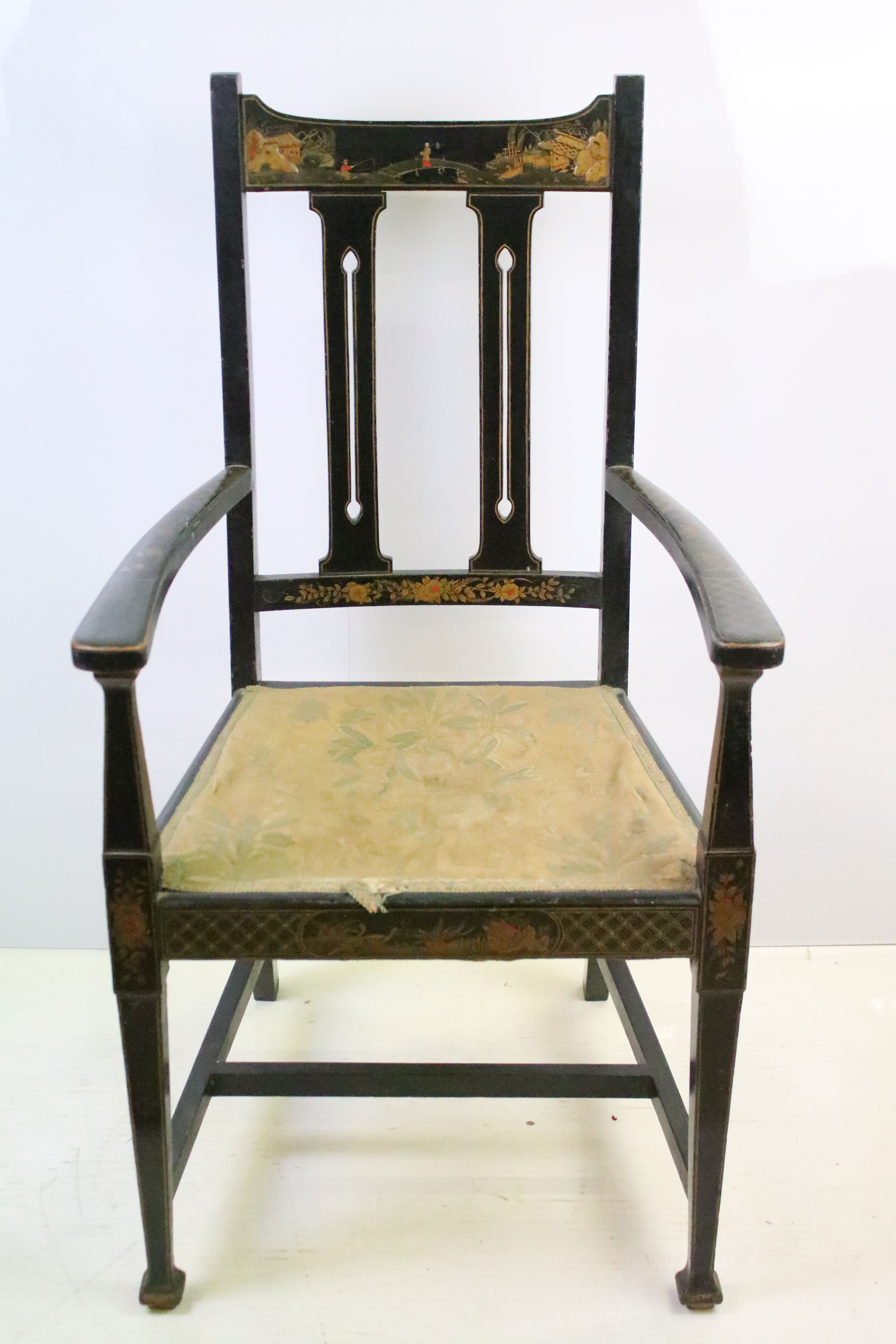 19th century Oriental japanned chair, decorated with painted panels, 111.5cm high x 60cm wide x 59cm - Image 2 of 5