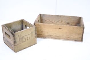 Bottle box, 18cm high x 21.5cm wide x 20cm deep and pine trug box, 15cm high x 46cm wide x 25.5cm
