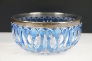 Early-to-mid 20th century blue flash cut glass circular bowl with silver hallmarked rim, London