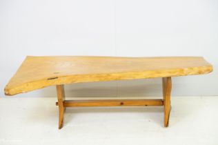 Polished plank bench of rustic form with x-shaped supports, 37.5cm high x 117cm wide x 37cm deep