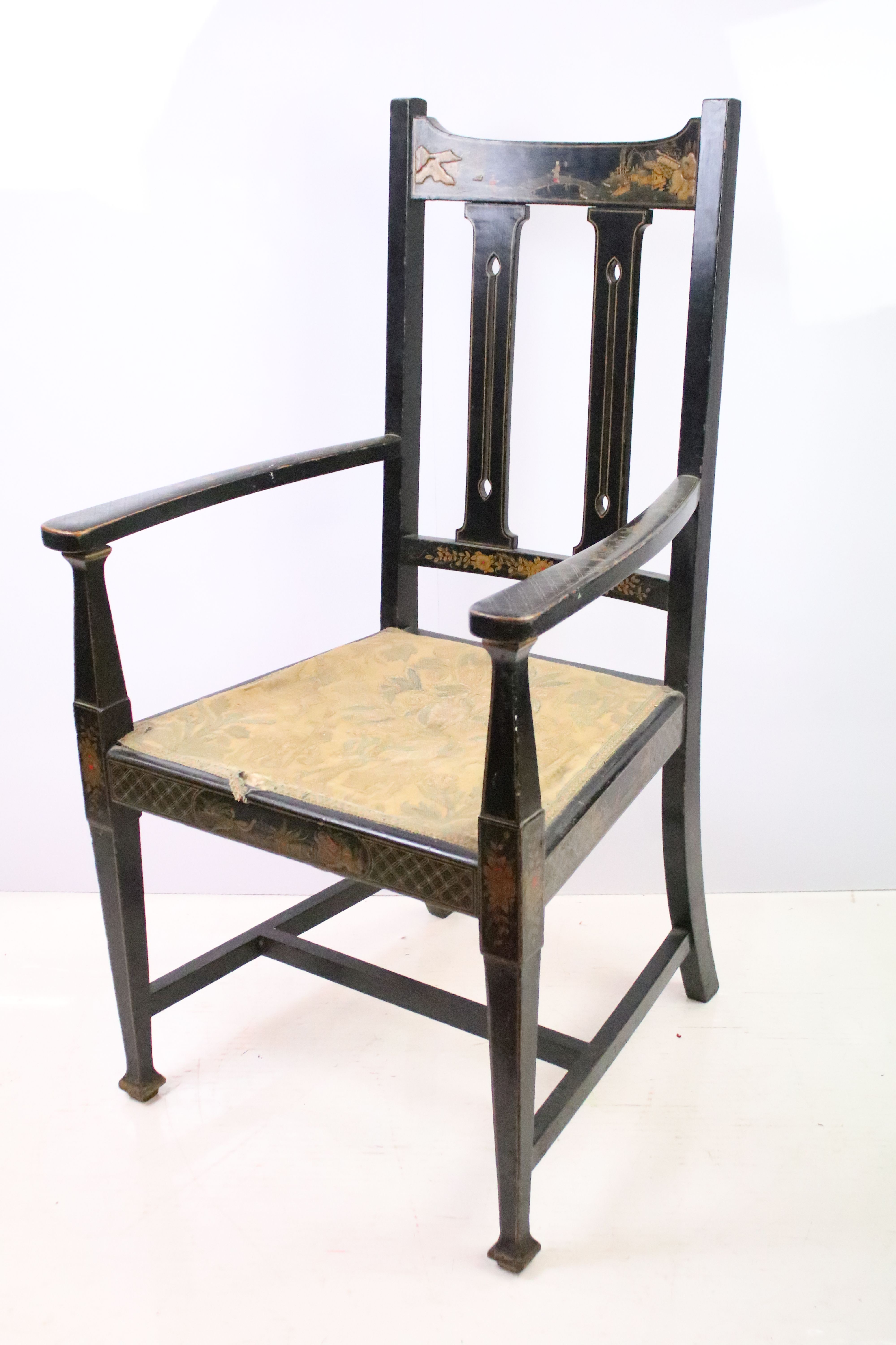 19th century Oriental japanned chair, decorated with painted panels, 111.5cm high x 60cm wide x 59cm