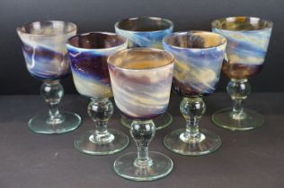 Set of six Mdina glass goblets designed by Michael Harris, circa 1960's, one signed by Michael