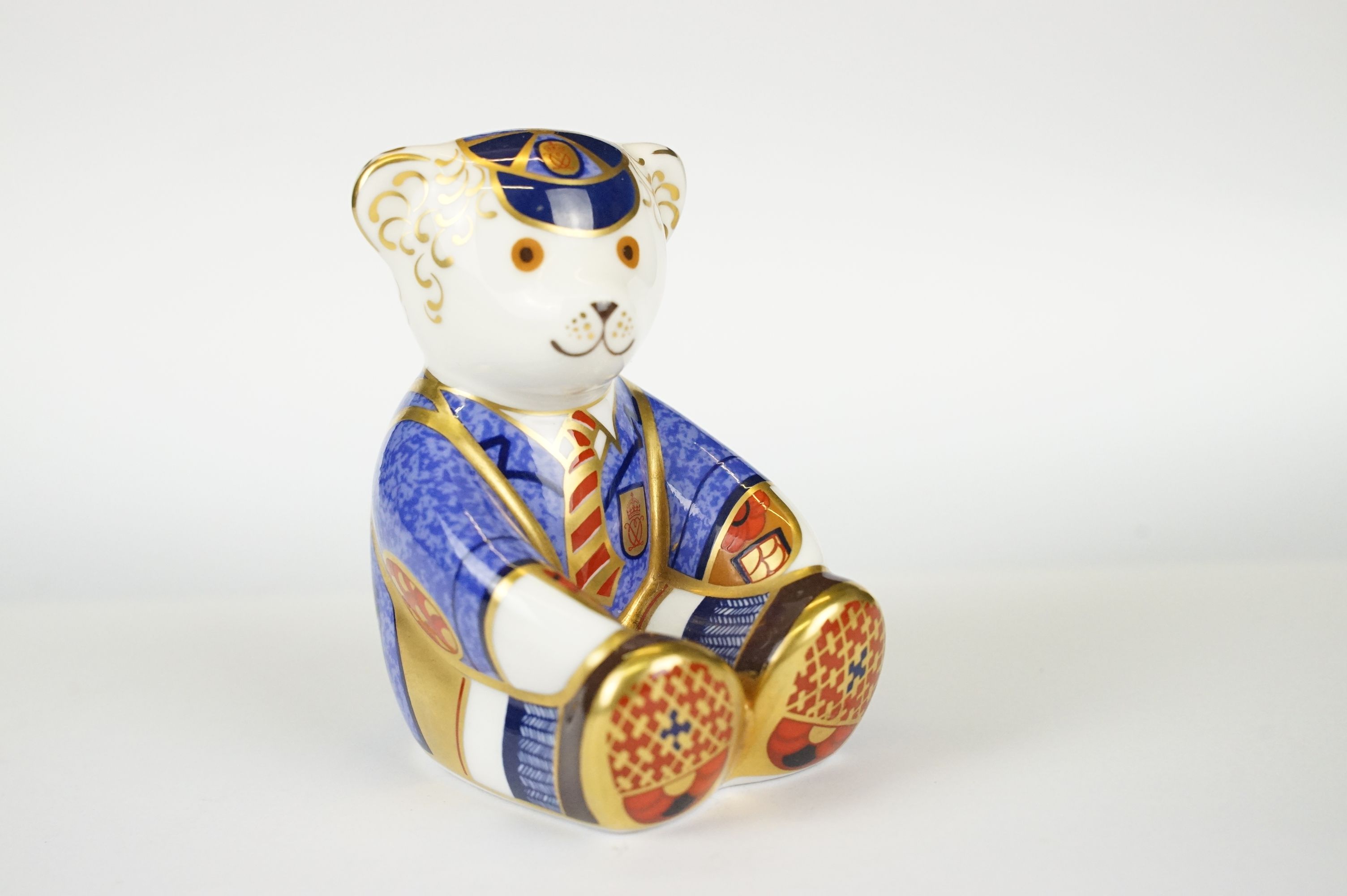 Royal Crown Derby Schoolboy Teddy paperweight, with gold stopper, approx 8cm tall