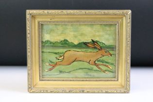 Study of a hare against a landscape scene, oil on board, 11.5 x 16cm, gilt framed and glazed