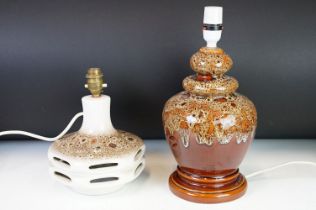 Two vintage West German pottery table lamps with mottled and drip glaze decoration, tallest approx