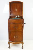 Paragon, London, mahogany gramophone cabinet with parquetry inlay, with three shelves inside lower