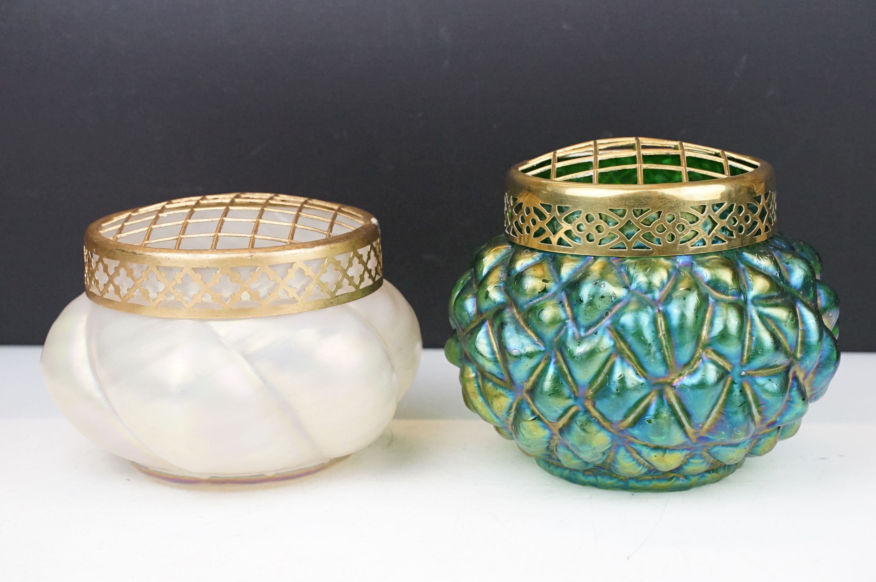 Two early 20th century Kralik iridescent glass rose bowls to include a green glass textured