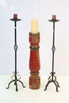 Eastern substantial carved hardwood tapering candlestick, 64.5cm high, diameter 12cm together with a