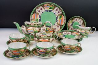 Vintage mid 20th Century Japanese Samurai tea service having a green ground with hand painted