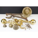 A small collection of mixed brassware to include a fireside vesta in the form of a fly, fire dogs,