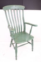 19th century pine Windsor lathe back elbow chair, painted in green, 111cm high x 61cm wide x 57cm