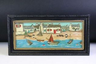Finistere, Brittany, beach scene, with figures and houses on shore and boats in the water, oil on