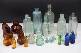Collection of vintage glass bottles to include Camp Coffee, Tonic, 'Not to be taken' blue glass '