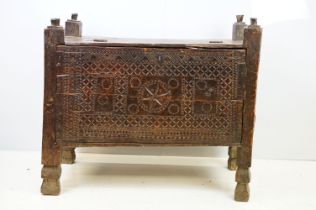 18th / 19th century Eastern coffer / blanket box, with naively carved panel front and four posts and