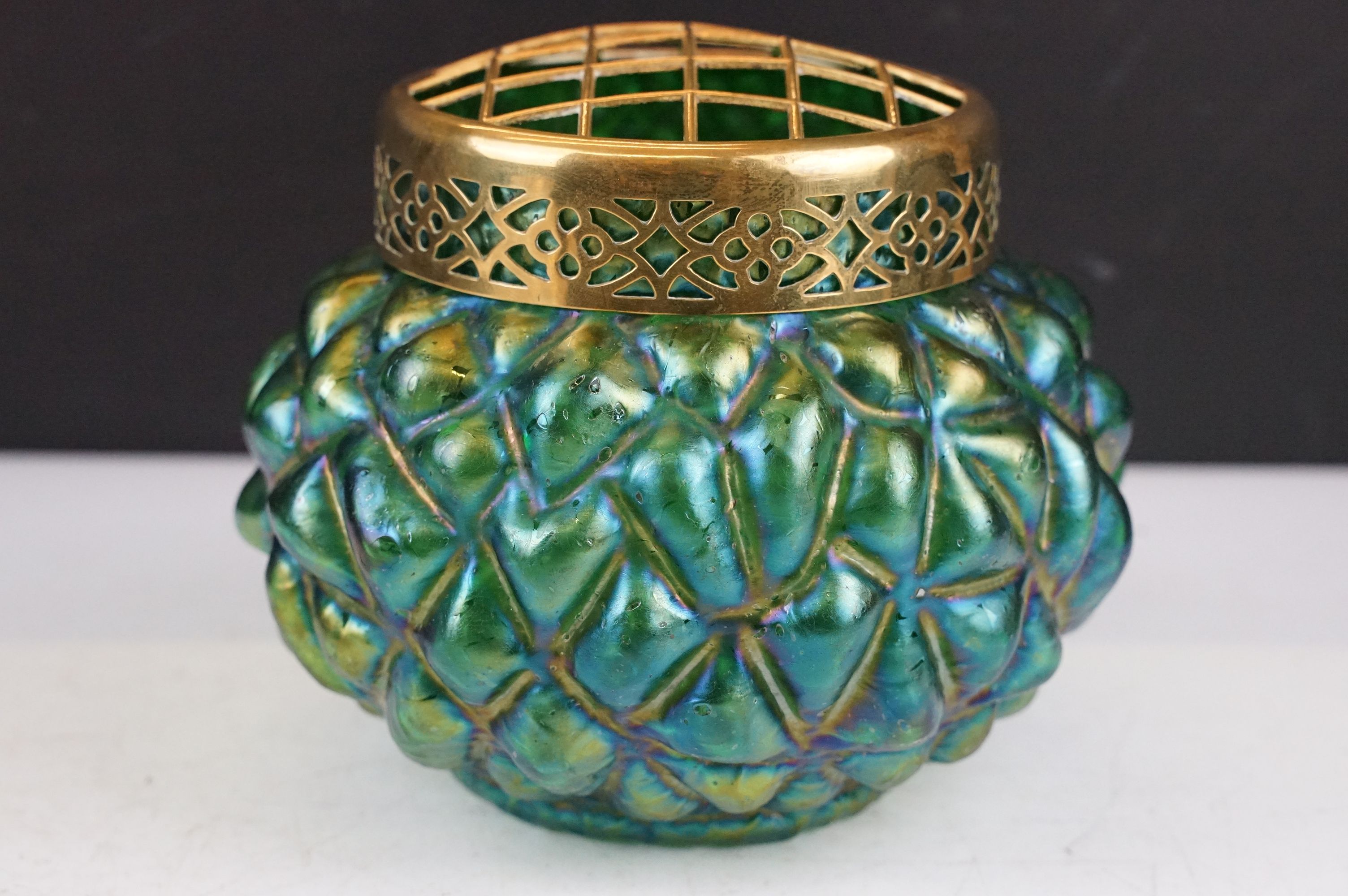 Two early 20th century Kralik iridescent glass rose bowls to include a green glass textured - Image 8 of 14