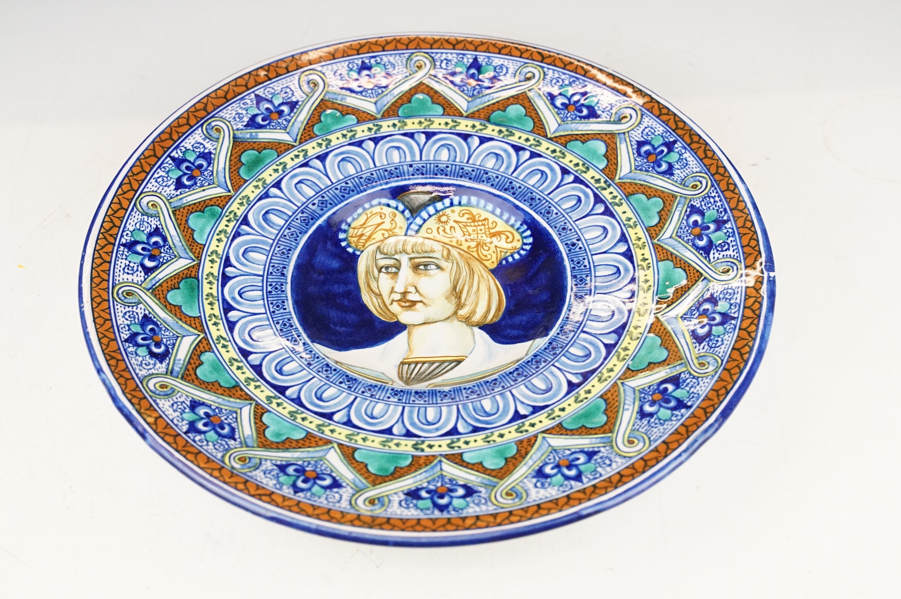 Two Italian faience wall plates, one depicting Roman figures with a volcano beyond, the other with a - Image 8 of 13