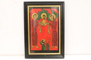 Naïve Medieval style religious figures, oil on panel, 38 x 24cm, framed and glazed