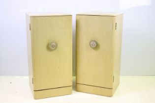 Mid century hardwood pair of painted bedside cabinets with florally decorated handles, each 67cm x