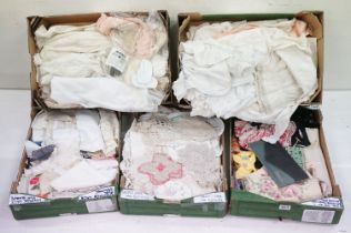 Five boxes of linen and textiles to include: lace, Christening gowns, baby clothes, gloves, bags,