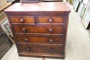 Victorian mahogany chest of two short and three long drawers on bun feet, 104.5 high x 49.5 wide x