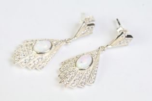 Pair of fan shaped CZ and opal panelled drop earrings