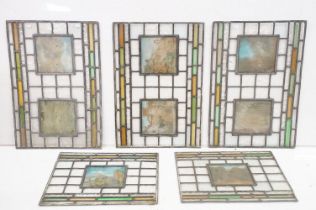 Five leaded stained glass windows with photographic panels, largest approx 68cm x 46cm