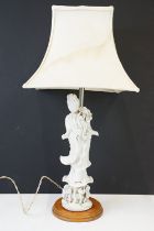 Chinese blanc de chine table lamp in the form of a female deity, with shade, raised on a circular