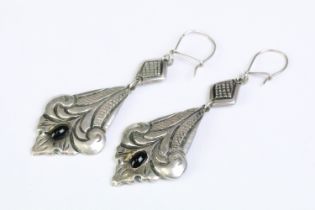 A pair of ladies 925 sterling silver drop earrings, in the art nouveau style each set with central