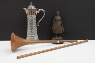 Moulded glass & silver plated claret jug (approx 30cm high), together with a bronzed resin figure of