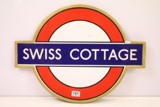 London Underground enamelled tube sign for Swiss Cottage set within a gilt frame. The sign being