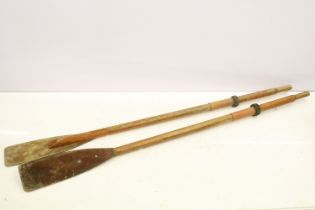 Pair of vintage wooden rowing oars with handholds, approx 175cm long