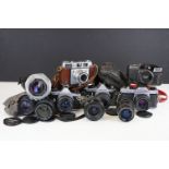 A collection of cameras and lenses to include Pentax ME Super, Pentax Asahi K1000, Pentax ME
