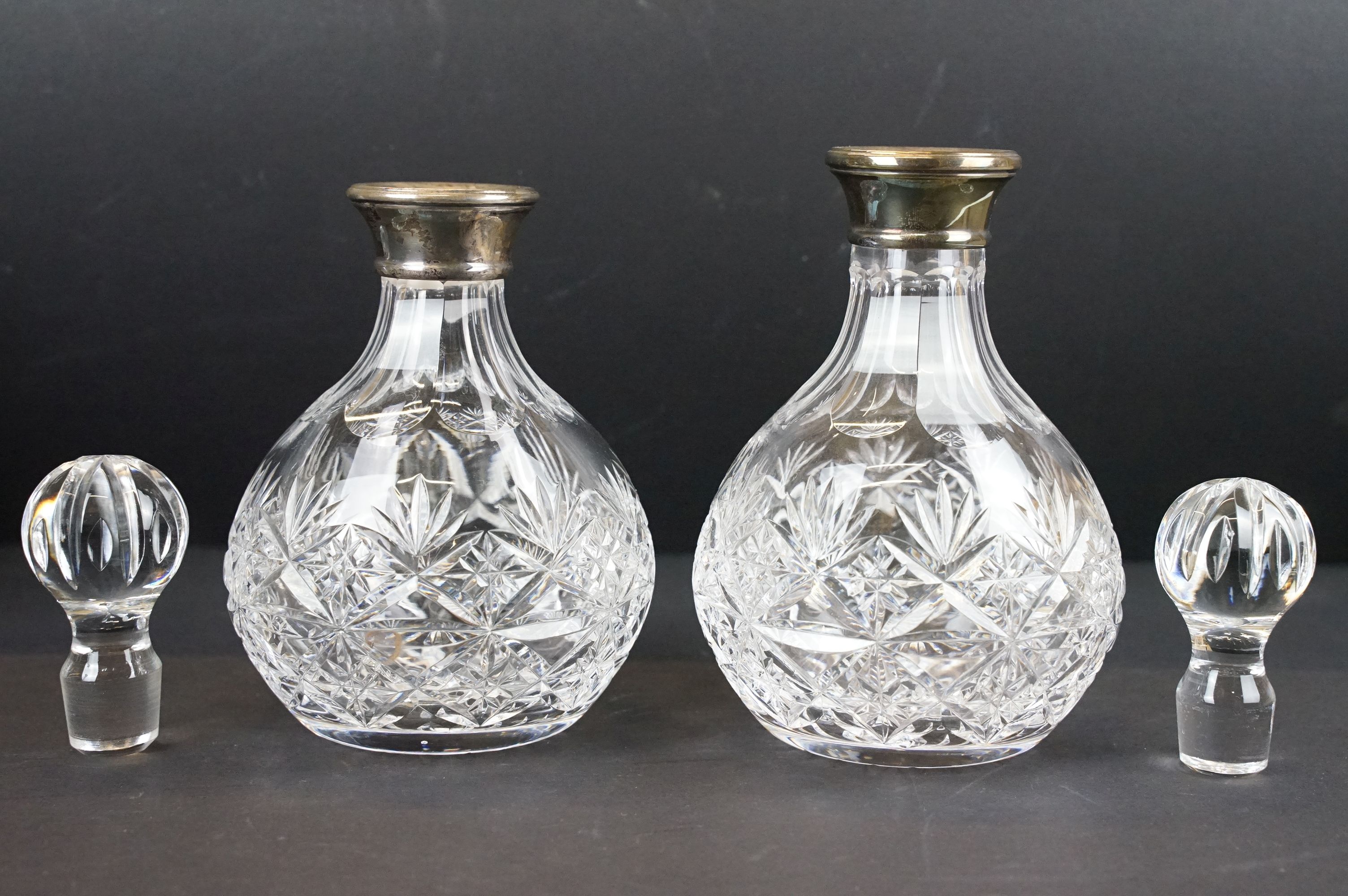 Two pairs of late 20th century cut glass decanters with silver hallmarked collars, circa 1990's ( - Image 7 of 15