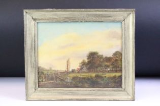 Tranquil country scene with cottage and figures by a lock, oil on canvas, signed indistinctly