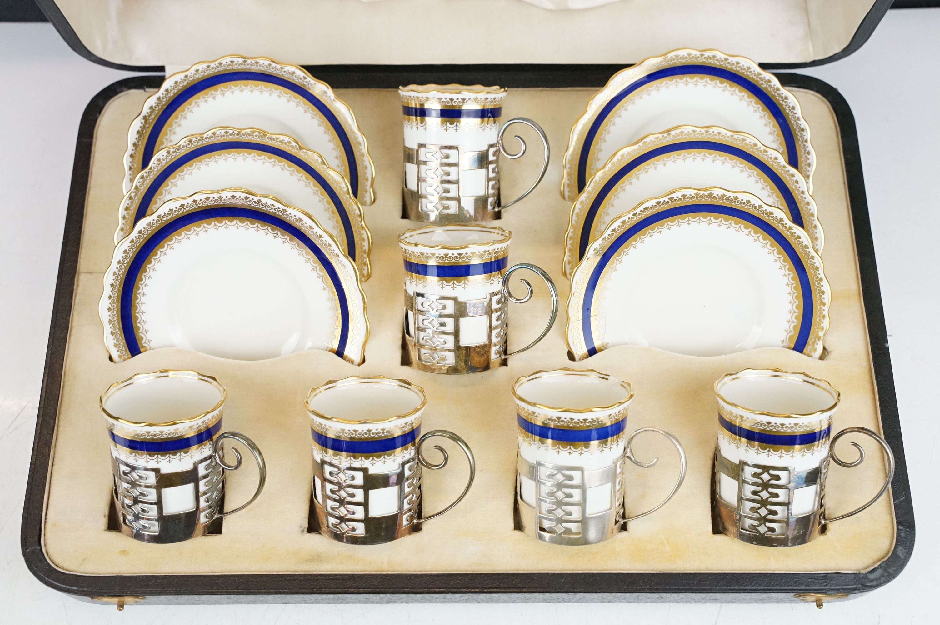 Early 20th century cased set of six Aynsley coffee cups & saucers with cobalt blue & gilt - Image 2 of 10