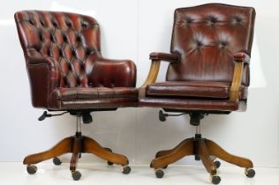 Red leather adjustable height captain's chair, with button back, 107cm high x 60cm wide x 70cm