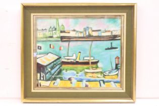 Studio framed oil painting of a city harbour view with shipping, 44.5 x 54cm, framed and glazed