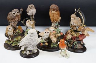 Nine Country Artists Owl models to include 01296 Pair of Tawny Owls with Derelict Tractor, CA 358