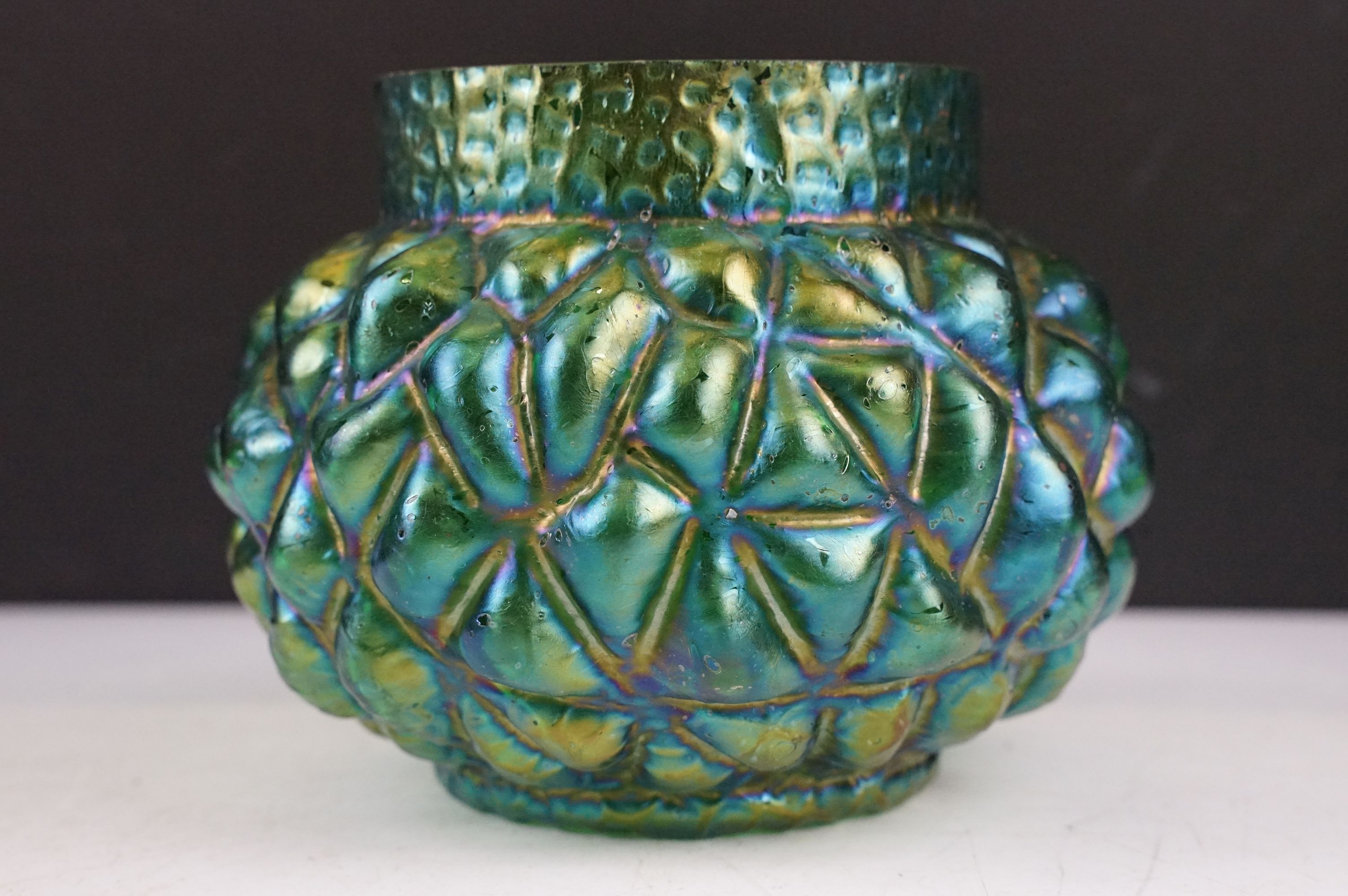 Two early 20th century Kralik iridescent glass rose bowls to include a green glass textured - Image 12 of 14