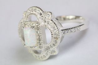 Silver, CZ and opal panelled Art Deco style dress ring