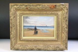 19th century, a gilt framed oil painting of a lady with dog viewing distant sailboat, 15 x 22cm