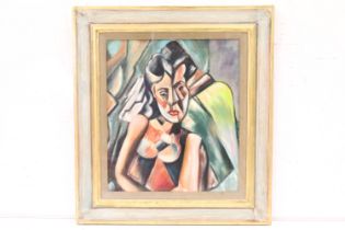 Cubist oil painting portrait of a seated woman, 39 x 33cm, framed and glazed